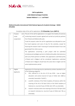 1 Call for Applications Under Bilateral Exchange of Scientists Between