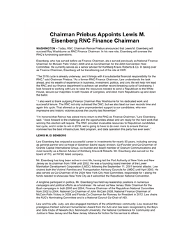 Chairman Priebus Appoints Lewis M. Eisenberg RNC Finance Chairman