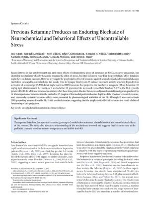 Previous Ketamine Produces an Enduring Blockade of Neurochemical and Behavioral Effects of Uncontrollable Stress