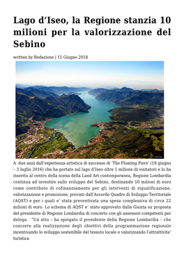 Iseo, La Regione Stanzia 10 Milioni Per La Valorizzazione Del Sebino Written by Redazione | 11 Giugno 2018