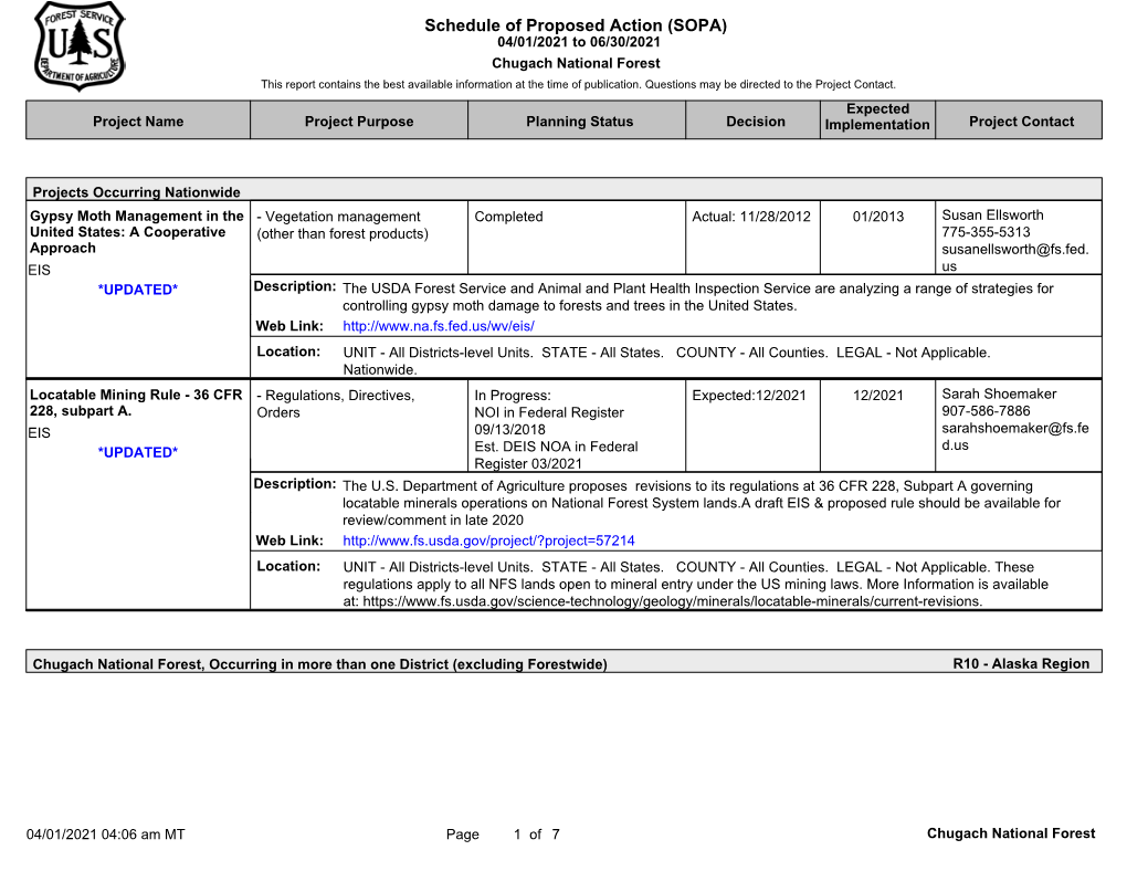 Schedule of Proposed Action (SOPA) 04/01/2021 to 06/30/2021 Chugach National Forest This Report Contains the Best Available Information at the Time of Publication