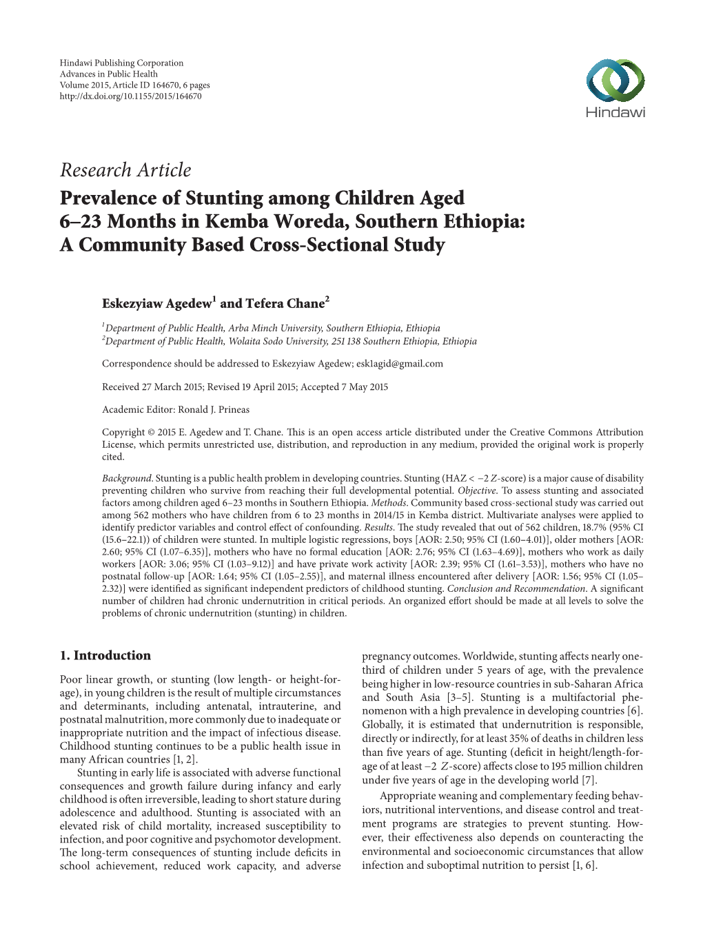 Prevalence of Stunting Among Children Aged 6–23 Months in Kemba Woreda, Southern Ethiopia: a Community Based Cross-Sectional Study