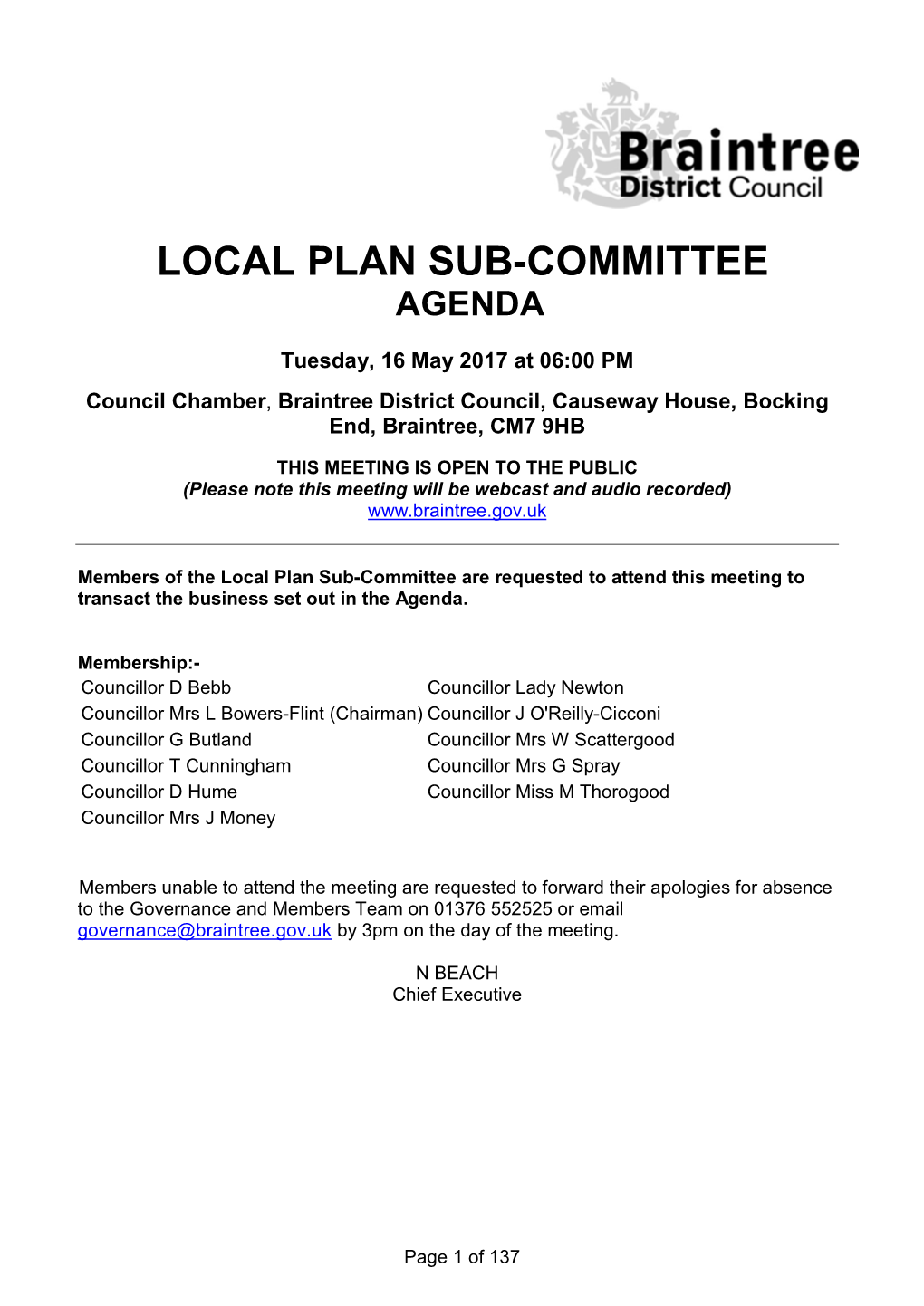 Local Plan Sub-Committee Agenda