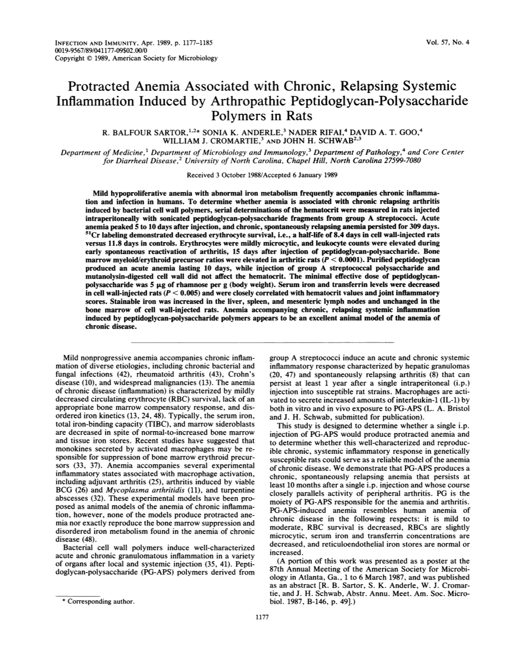 Protracted Anemia Associated with Chronic, Relapsing Systemic Inflammation Induced by Arthropathic Peptidoglycan-Polysaccharide Polymers in Rats R