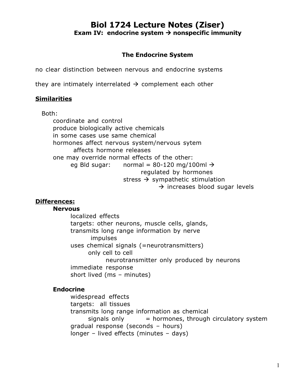 Biol 1724 Lecture Notes (Ziser) Exam IV: Endocrine System  Nonspecific Immunity