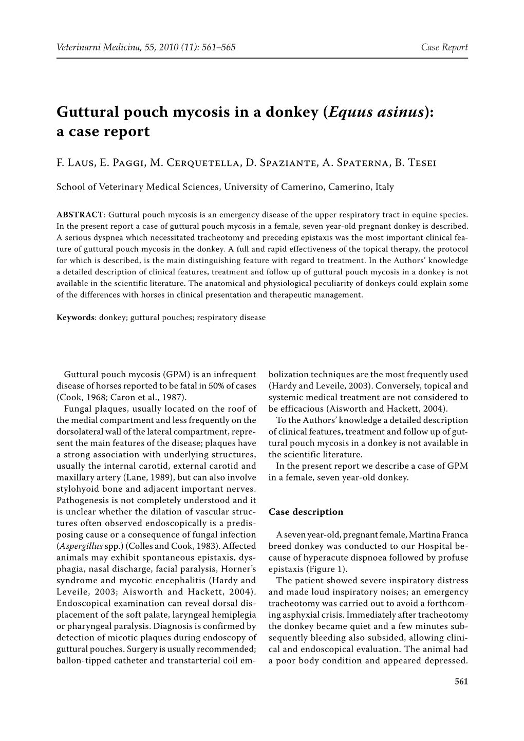 Guttural Pouch Mycosis in a Donkey (Equus Asinus): a Case Report