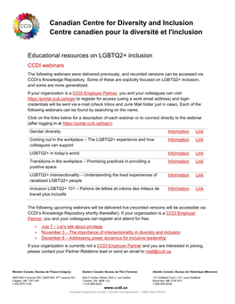 Resources on LGBTQ2+ Inclusion CCDI Webinars the Following Webinars Were Delivered Previously, and Recorded Versions Can Be Accessed Via CCDI’S Knowledge Repository