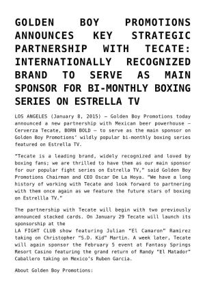 Golden Boy Promotions Announces Key Strategic Partnership with Tecate