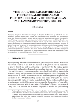 Professional Historians and Political Biography of South African Parliamentary Politics, 1910-1990