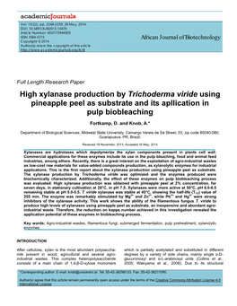 High Xylanase Production by Trichoderma Viride Using Pineapple Peel As Substrate and Its Apllication in Pulp Biobleaching
