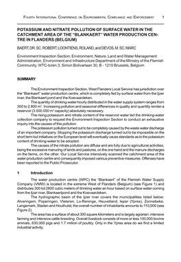 Potassium and Nitrate Pollution of Surface Water in the Catchment Area of the Blankaert Water Production Cen- Tre in Flanders (Belgium)