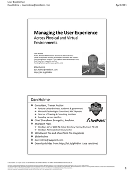 Managing the User Experience Across Physical and Virtual Environments