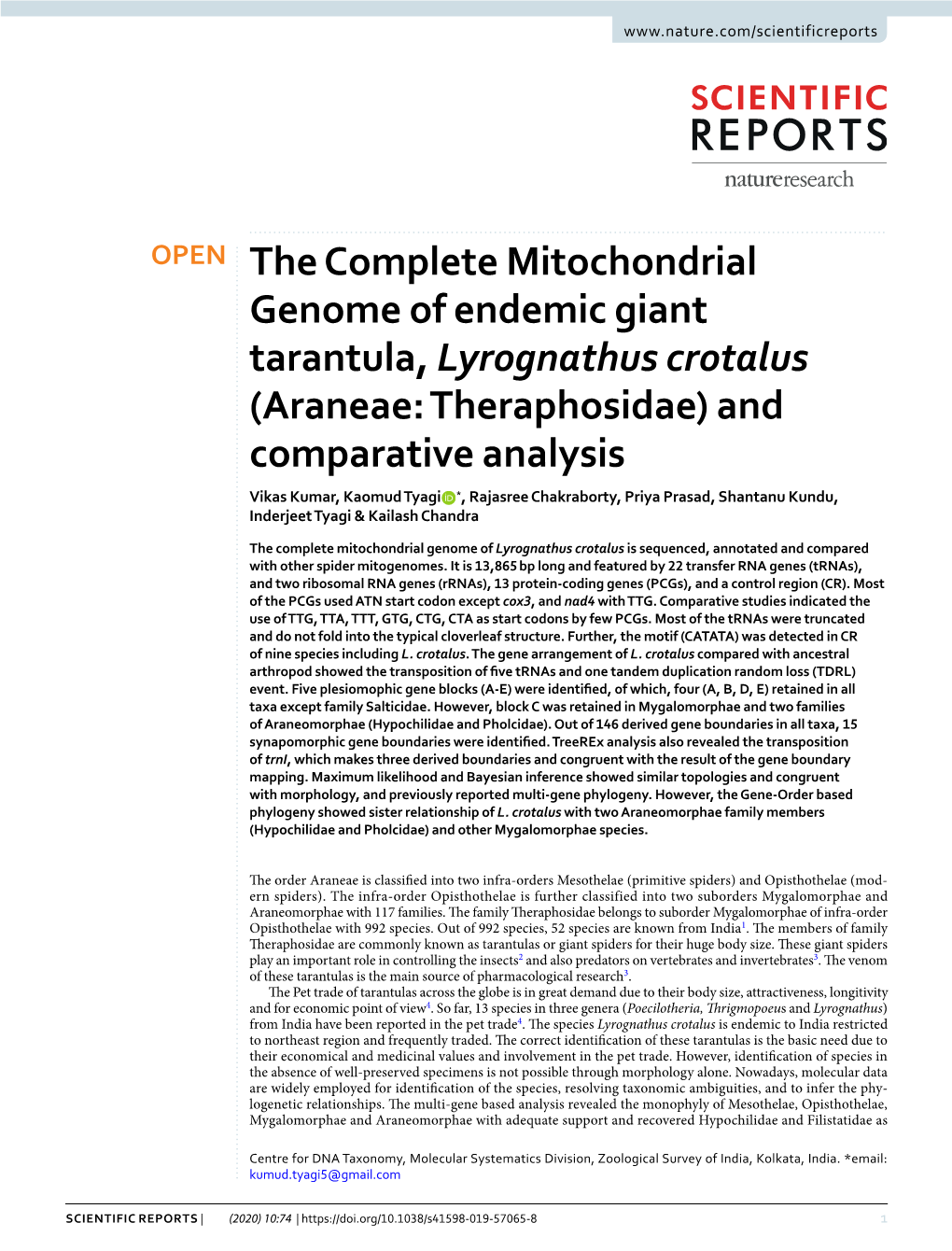 The Complete Mitochondrial Genome of Endemic Giant Tarantula