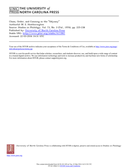 Chaos, Order, and Cunning in the "Odyssey" Author(S): M. E. Heatherington Source: Studies in Philology, Vol. 73, No. 3 (Jul., 1976), Pp