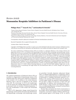 Review Article Monoamine Reuptake Inhibitors in Parkinson's Disease