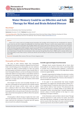 Water Memory Could Be an Effective and Safe Therapy for Mind and Brain Related Disease