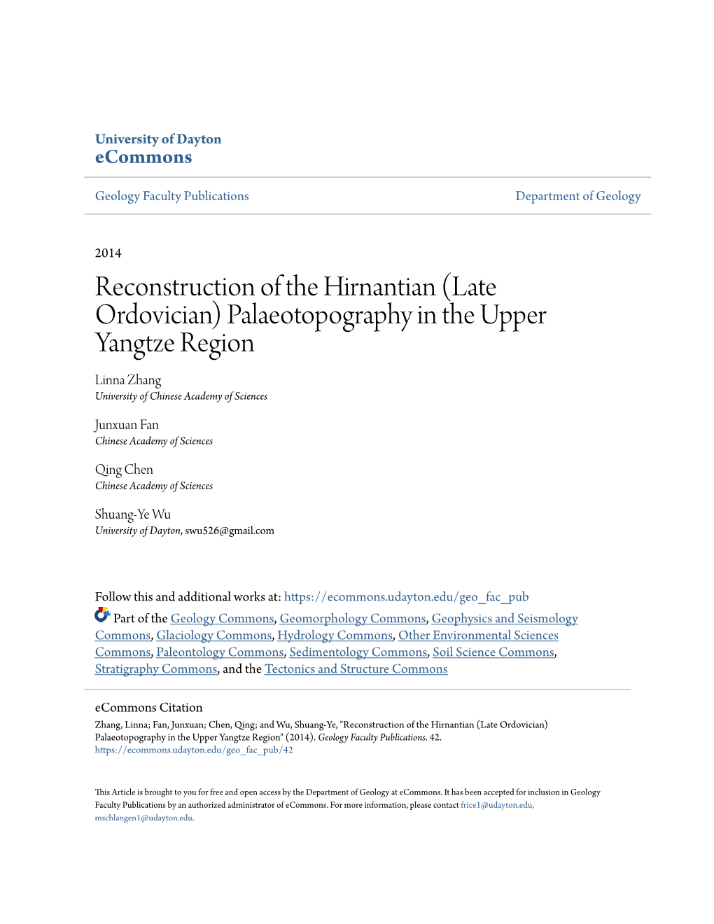 Reconstruction of the Hirnantian (Late Ordovician) Palaeotopography in the Upper Yangtze Region Linna Zhang University of Chinese Academy of Sciences