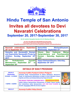 Hindu Temple of San Antonio Invites All Devotees to Devi Navaratri Celebrations September 20, 2017-September 30, 2017