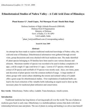 Ethnobotanical Studies of Nubra Valley-A Cold Arid Zone of Himalaya