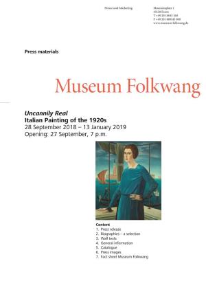 Uncannily Real Italian Painting of the 1920S 28 September 2018 – 13 January 2019 Opening: 27 September, 7 P.M