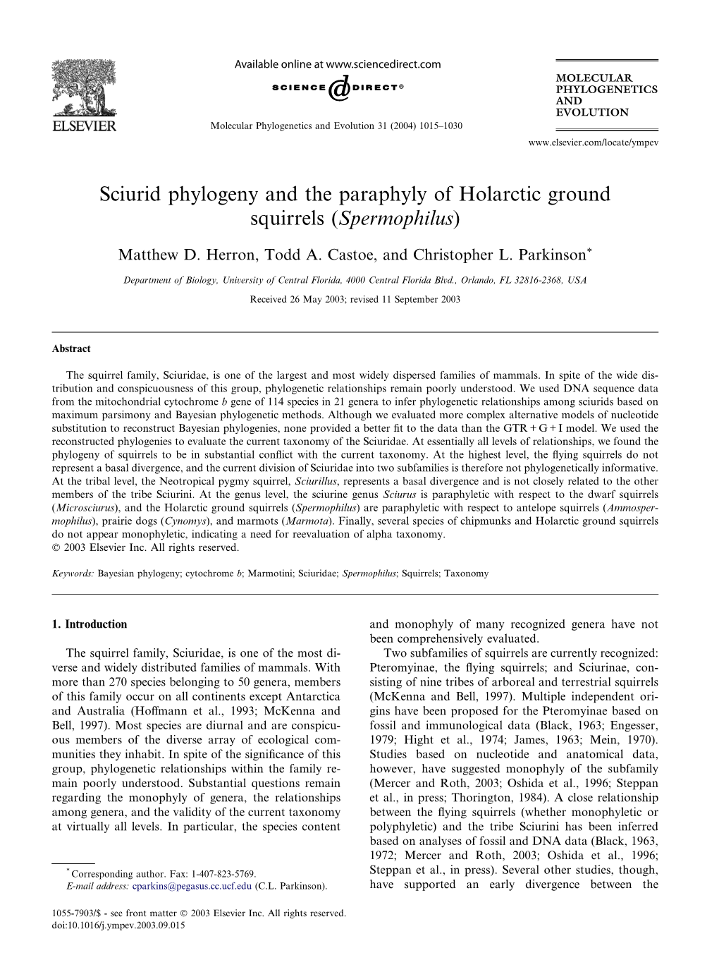 Sciurid Phylogeny and the Paraphyly of Holarctic Ground Squirrels (Spermophilus)