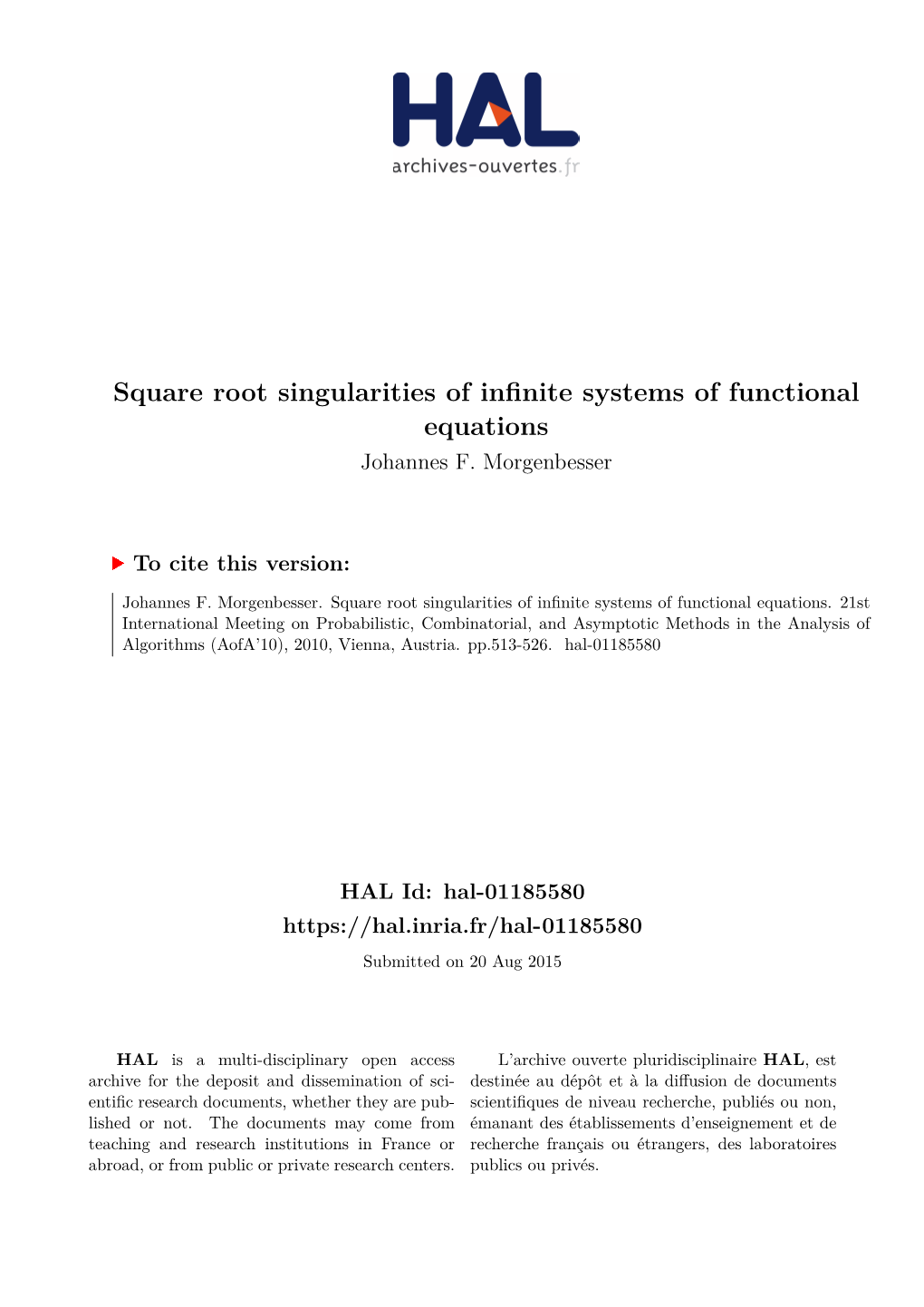 Square Root Singularities of Infinite Systems of Functional Equations Johannes F