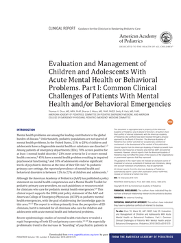 Evaluation and Management of Children and Adolescents with Acute Mental Health Or Behavioral Problems