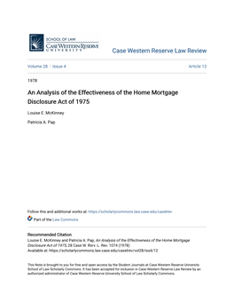 An Analysis of the Effectiveness of the Home Mortgage Disclosure Act of 1975