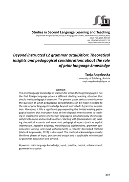 Beyond Instructed L2 Grammar Acquisition: Theoretical Insights and Pedagogical Considerations About the Role of Prior Language Knowledge