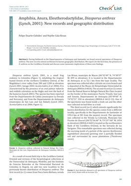 Diasporus Anthrax Istributio D (Lynch, 2001): New Records and Geographic Distribution Felipe Duarte-Cubides* and Nayibe Cala-Rosas Raphic G Eo G N O