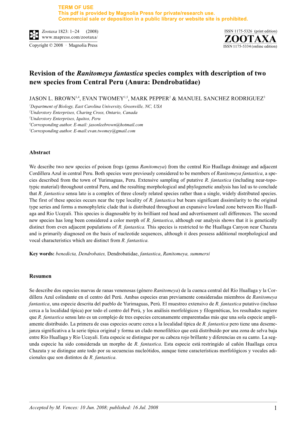 Zootaxa, Revision of the Ranitomeya Fantastica Species Complex with Description Of