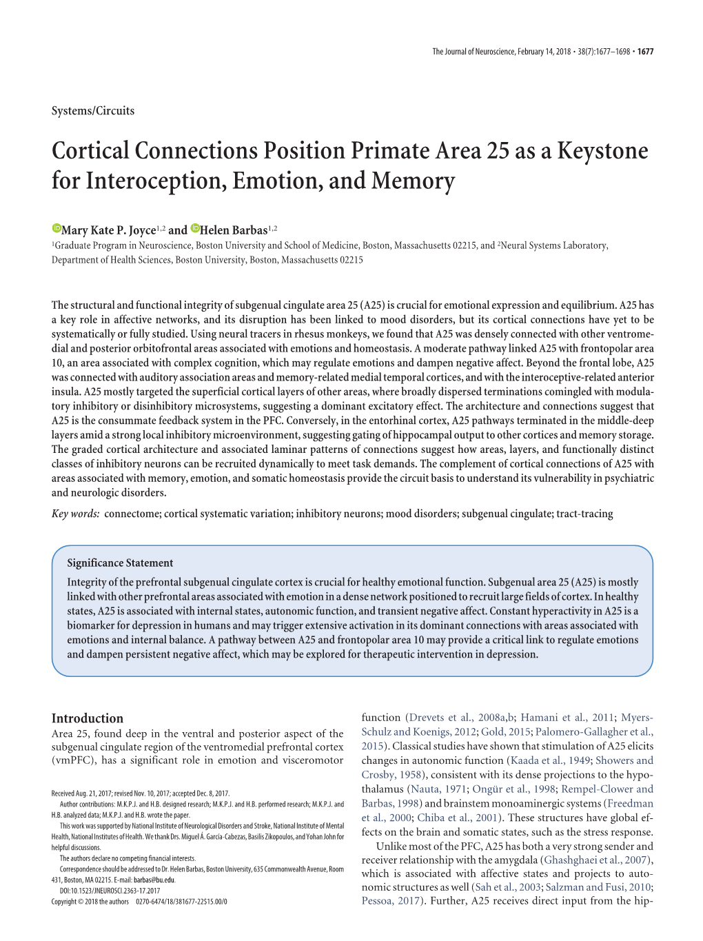 Cortical Connections Position Primate Area 25 As a Keystone for Interoception, Emotion, and Memory