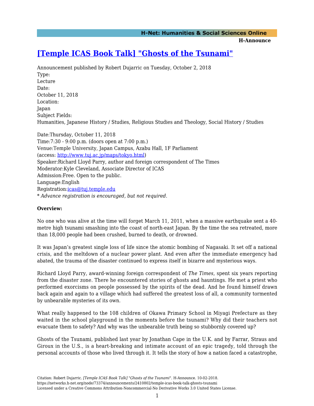 [Temple ICAS Book Talk] "Ghosts of the Tsunami"