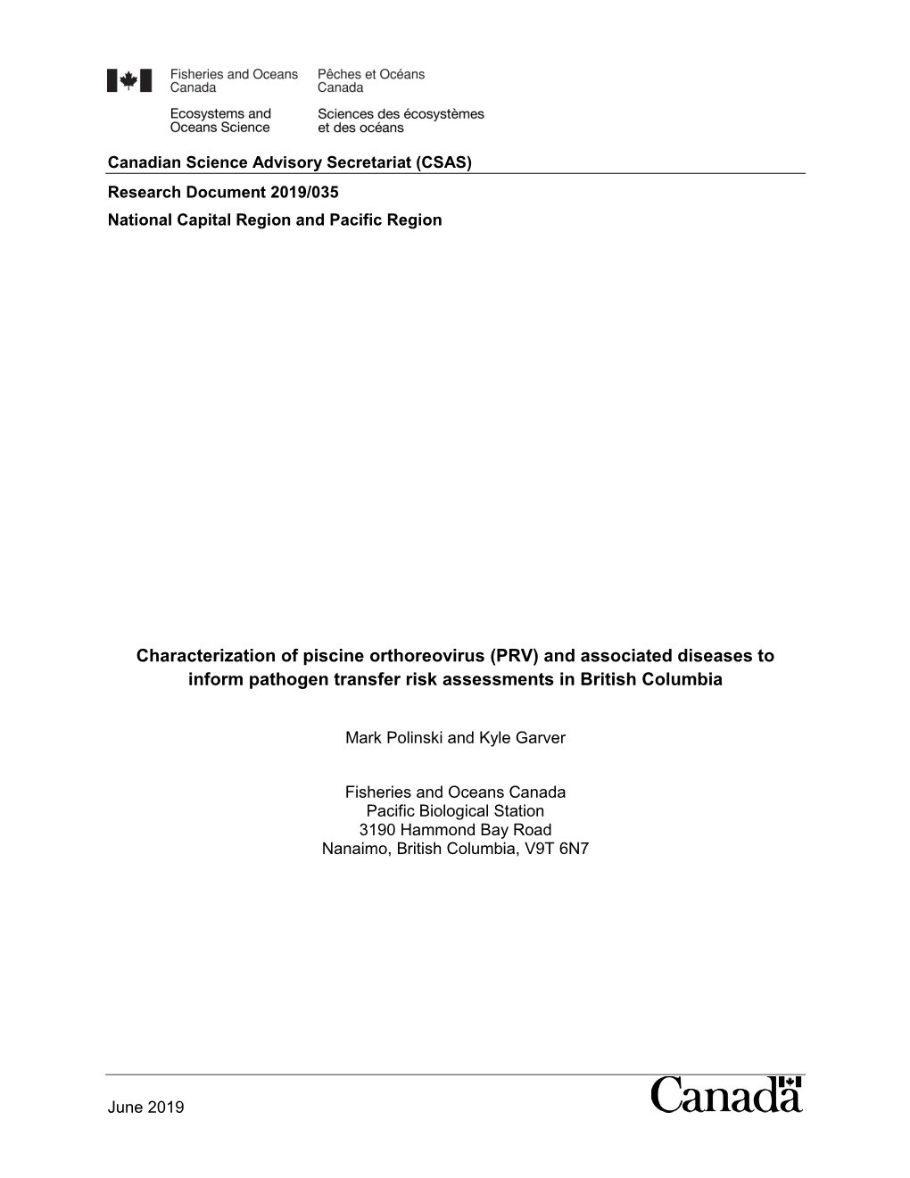 Characterization of Piscine Orthoreovirus (PRV) and Associated Diseases to Inform Pathogen Transfer Risk Assessments in British Columbia