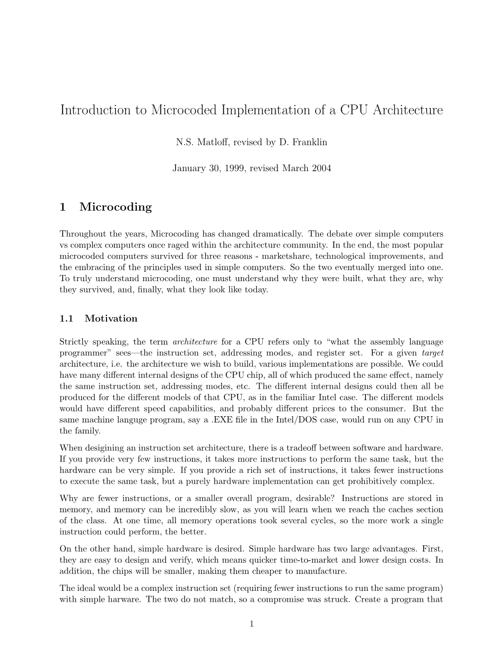 Introduction to Microcoded Implementation of a CPU Architecture