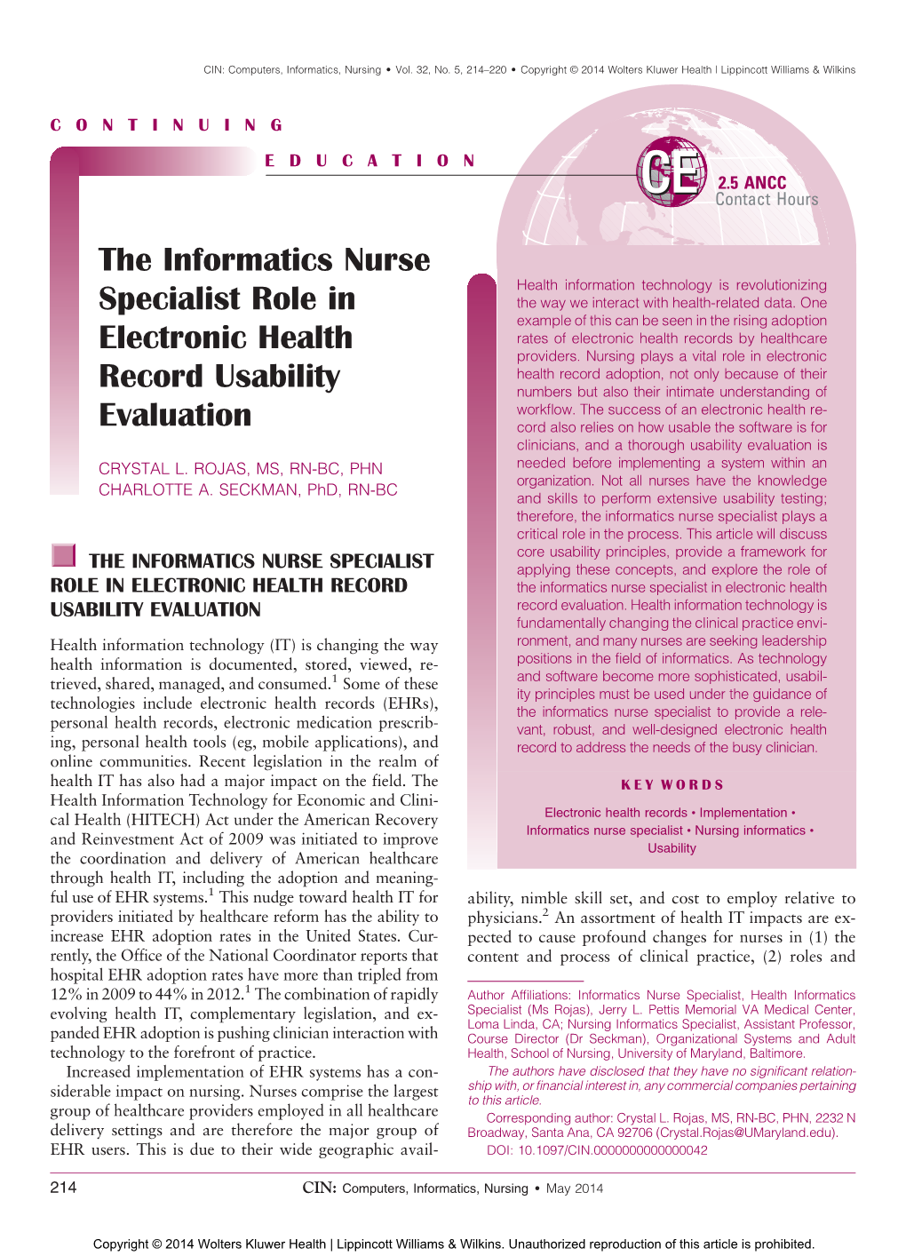 The Informatics Nurse Specialist Role in Electronic Health Record