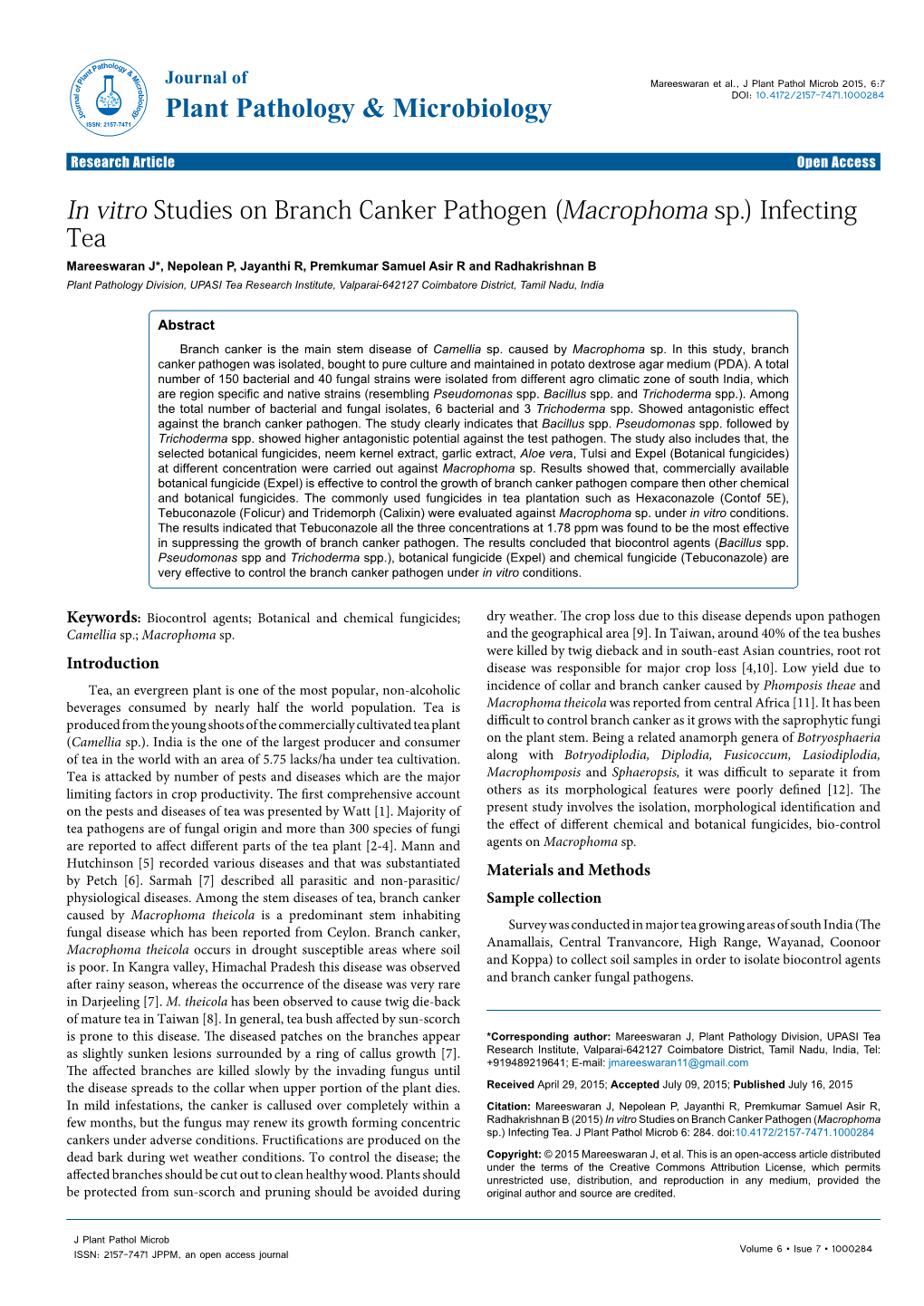 In Vitro Studies on Branch Canker Pathogen