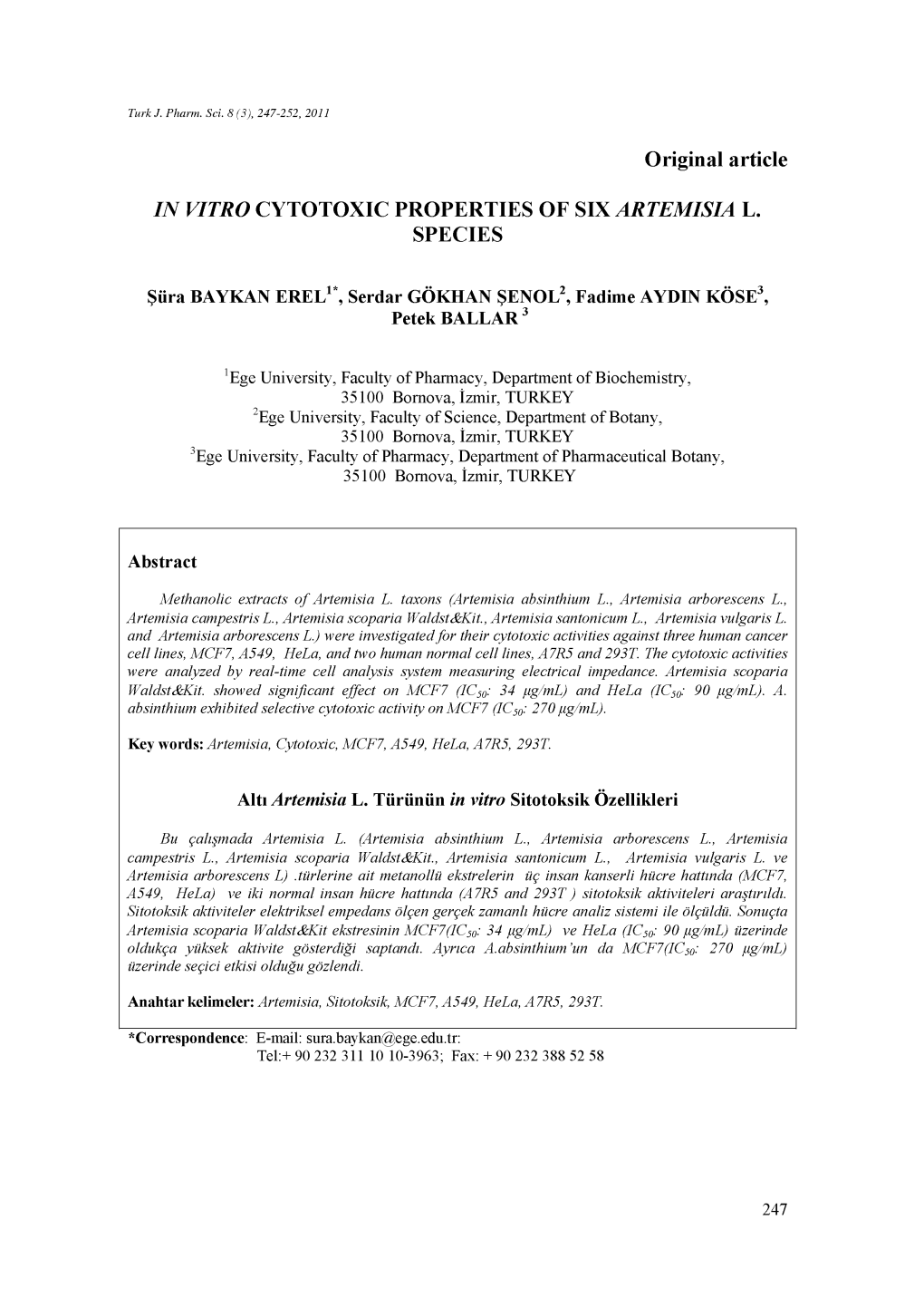 Original Article in VITRO CYTOTOXIC PROPERTIES of SIX ARTEMISIA L