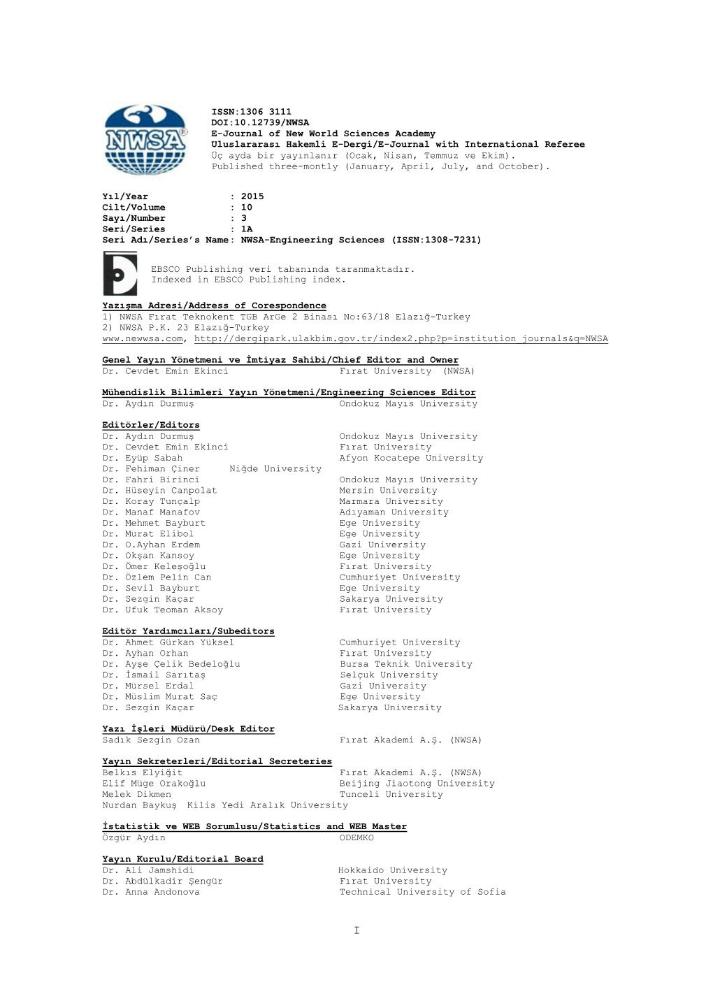 1A Seri Adı/Series's Name : NWSA-Engineering Sciences (ISSN