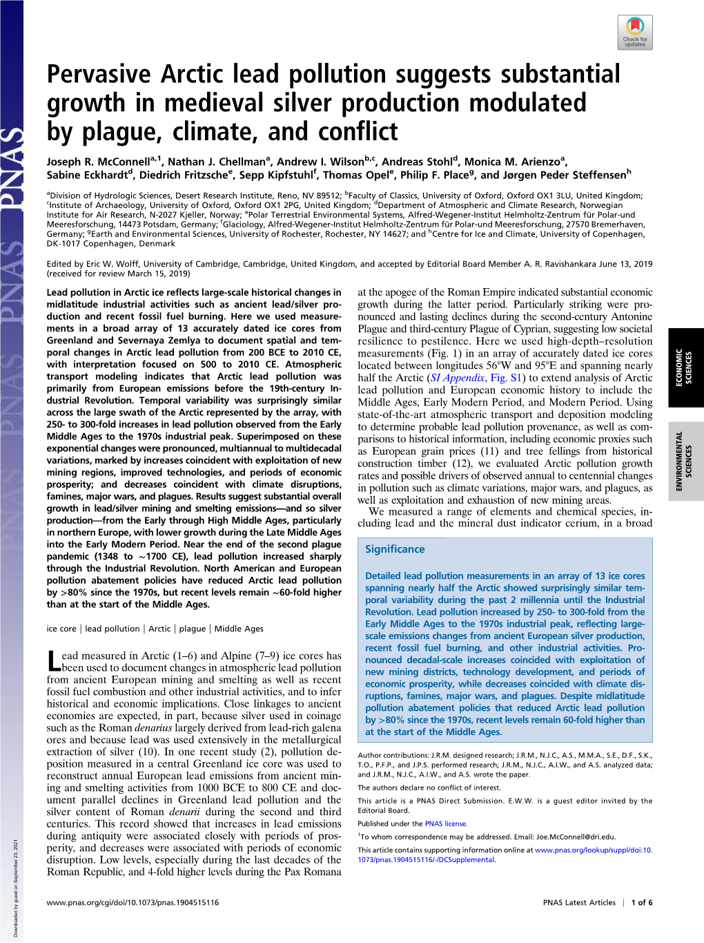 Pervasive Arctic Lead Pollution Suggests Substantial Growth in Medieval Silver Production Modulated by Plague, Climate, and Conflict