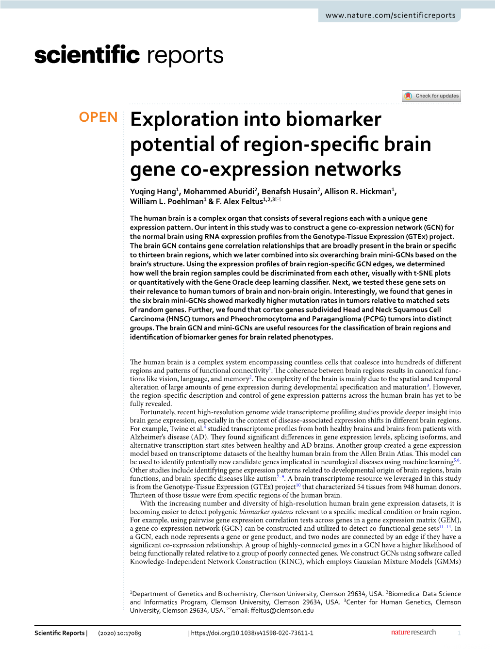 Exploration Into Biomarker Potential of Region-Specific Brain Gene Co