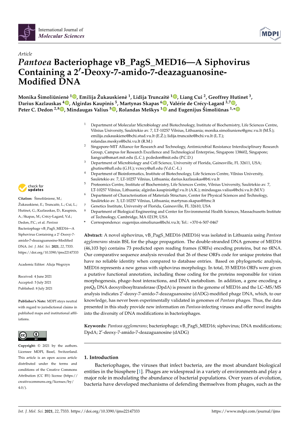 Pantoea Bacteriophage Vb Pags MED16—A Siphovirus Containing a 20-Deoxy-7-Amido-7-Deazaguanosine- Modiﬁed DNA