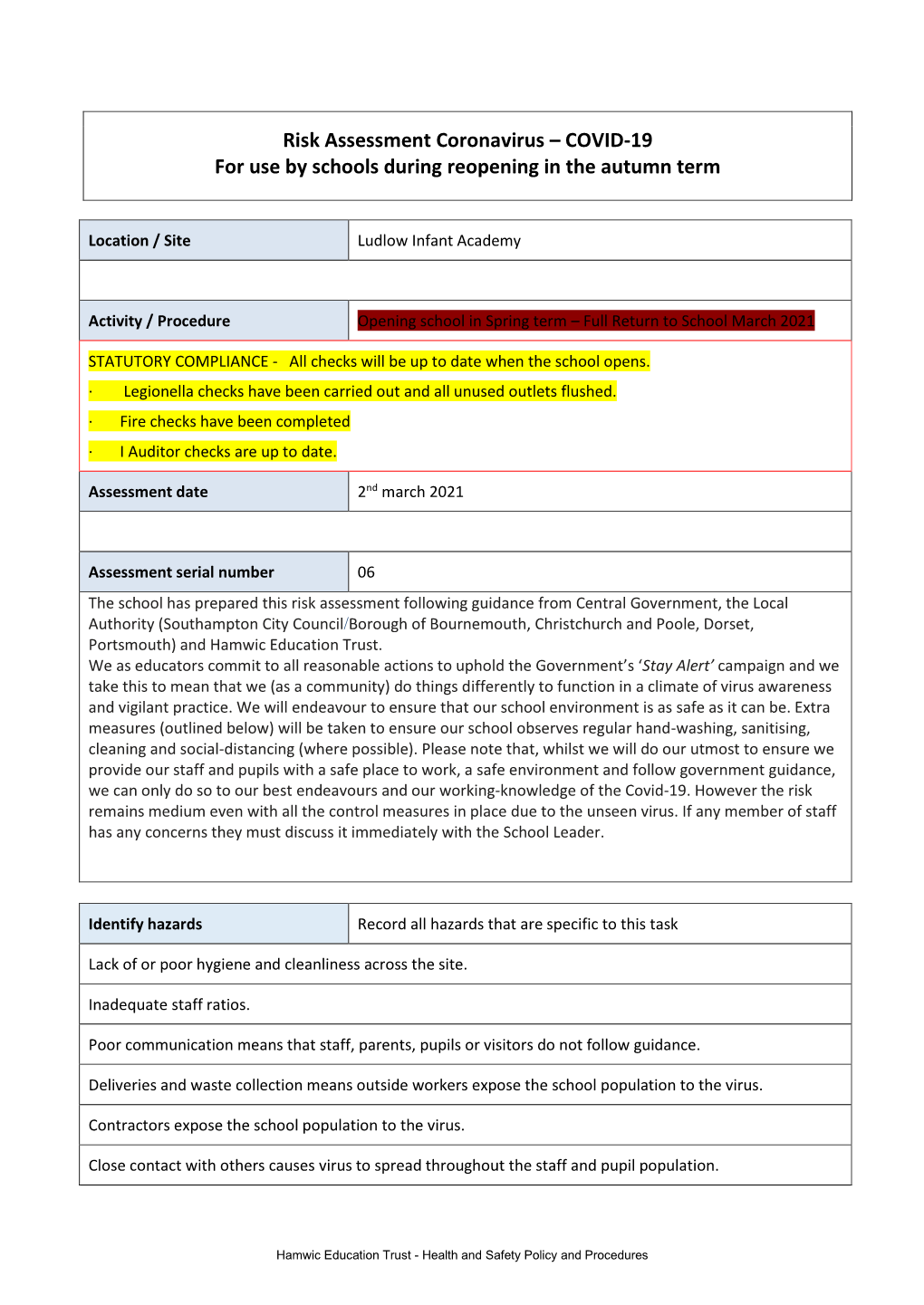 Ludlow Covid Risk Assessment