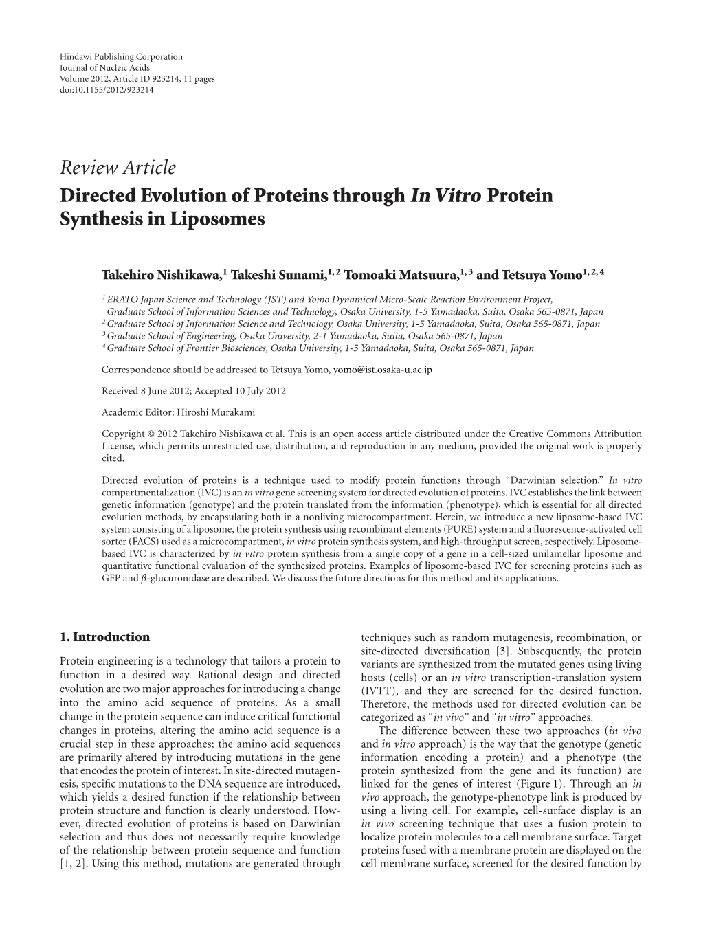 Review Article Directed Evolution of Proteins Through in Vitro Protein Synthesis in Liposomes