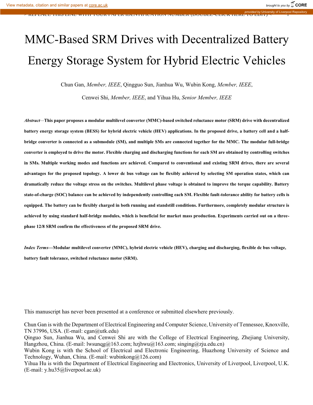 MMC-Based SRM Drives with Decentralized Battery Energy Storage System for Hybrid Electric Vehicles