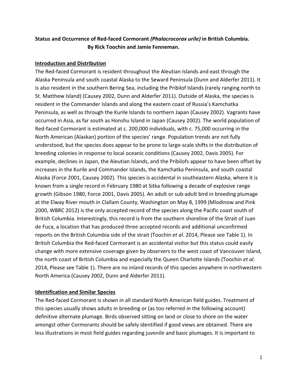 Status and Occurrence of Red-Faced Cormorant (Phalacrocorax Urile) in British Columbia