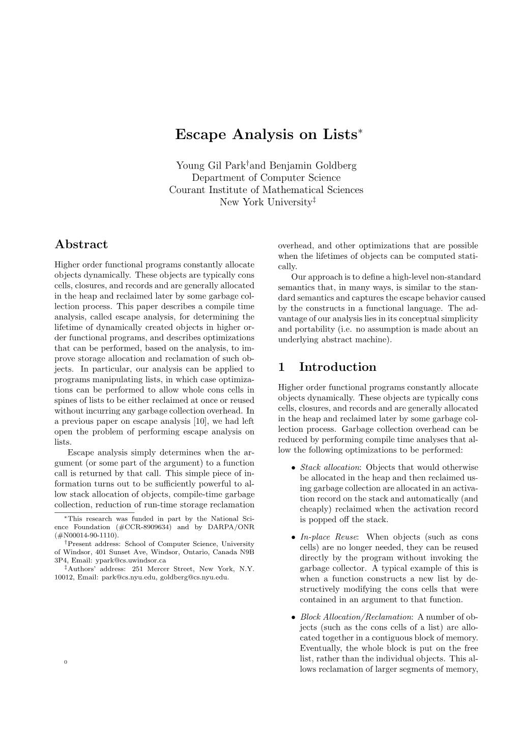 Escape Analysis on Lists∗