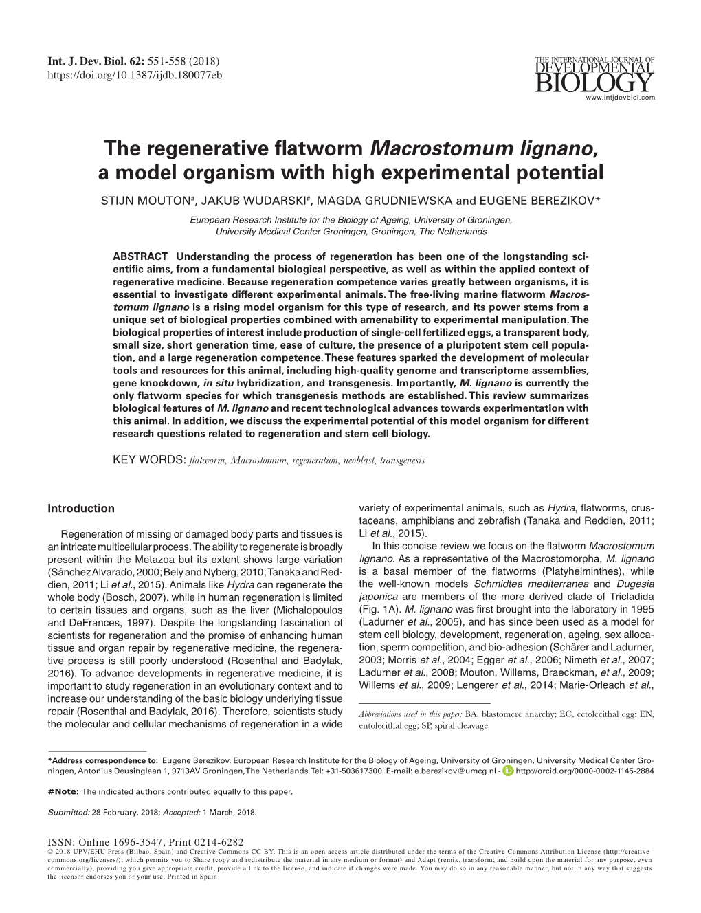 The Regenerative Flatworm Macrostomum Lignano, a Model