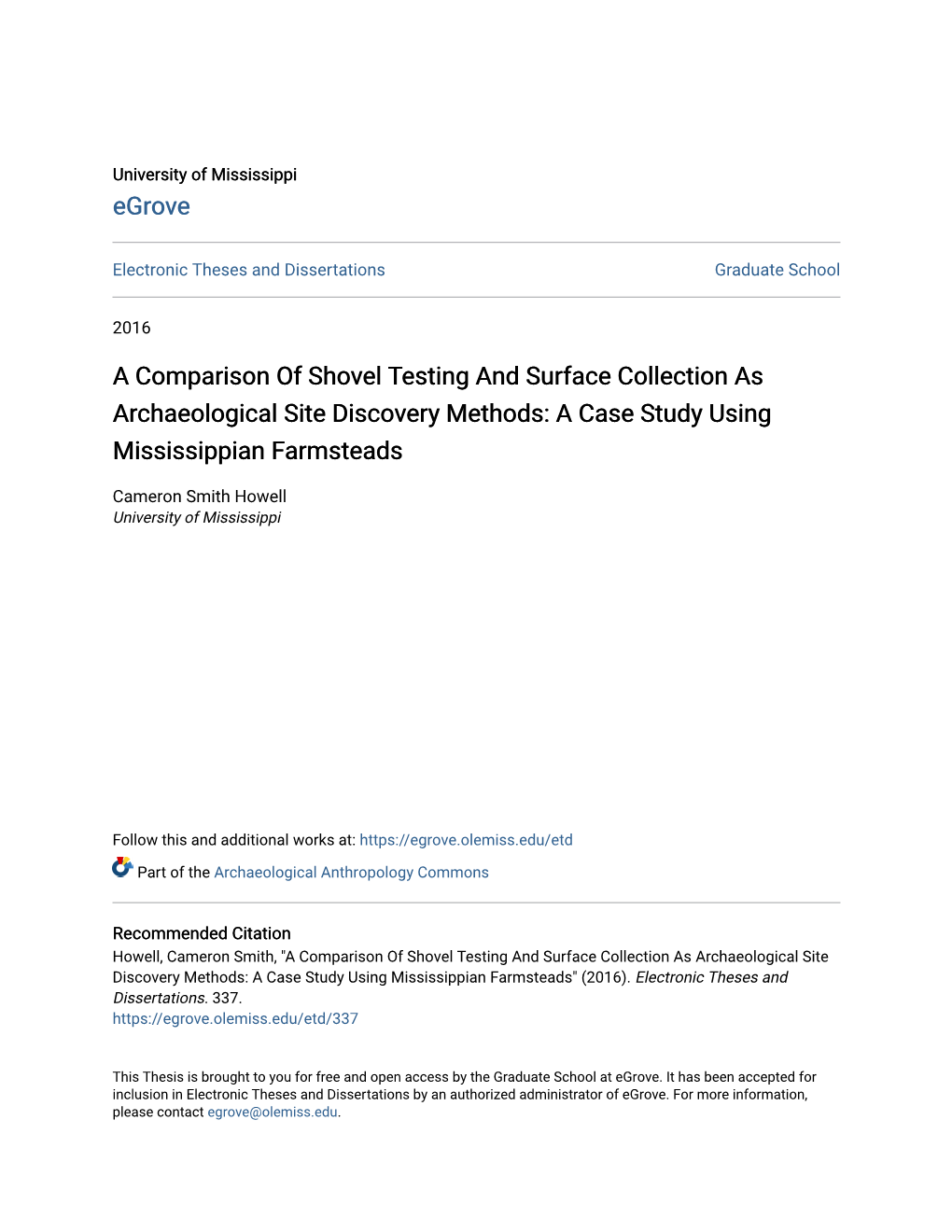 A Comparison of Shovel Testing and Surface Collection As Archaeological Site Discovery Methods: a Case Study Using Mississippian Farmsteads