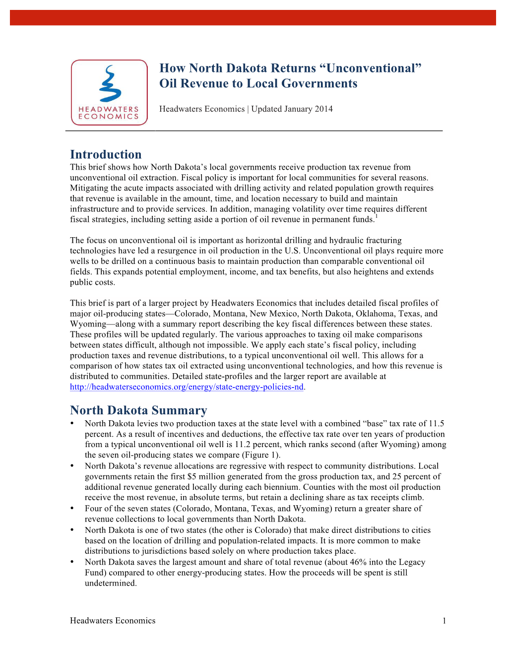 Oil Revenue to Local Governments Introduction North Dakota Summary